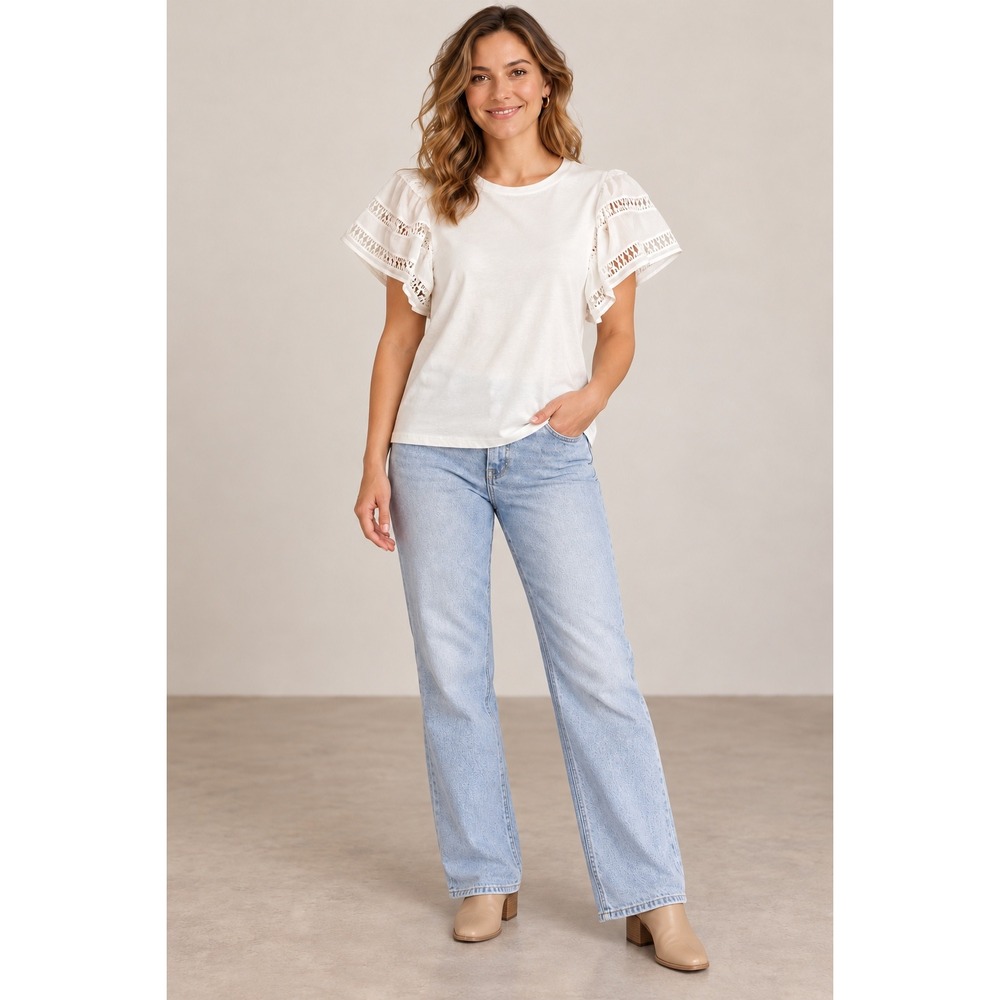 Self Contrast Anthropologie Ivory Cutwork Flutter Sleeve Cotton Top XL